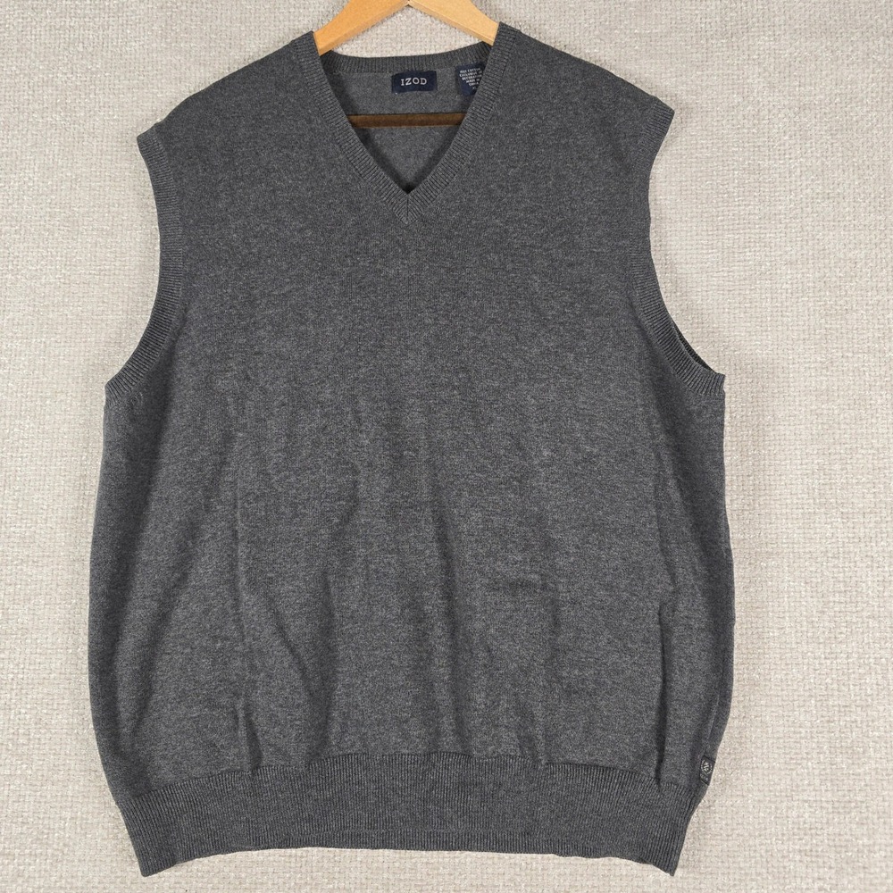 IZOD Mens V-Neck Sweater Vest Gray 100% Cotton Size XL